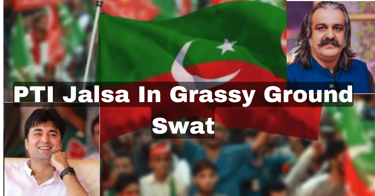 PTI supporters gather at Garasi Ground for a rally in Swat, with a large stage and security personnel ensuring the event's safety.