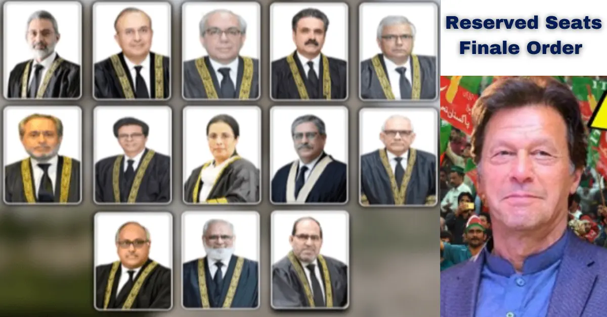 A group photograph of the thirteen Supreme Court judges who presided over the Reserved Seats Case. The image features Justice Mansoor Ali Shah at the center, along with his fellow justices in their judicial robes, standing in the Supreme Court of Pakistan. This bench issued a pivotal ruling, granting reserved seats to PTI and deeming the Election Commission's prior decision unconstitutional. The photograph captures the judges' dignified and solemn expressions, underscoring the importance of their unanimous decision in this significant case.